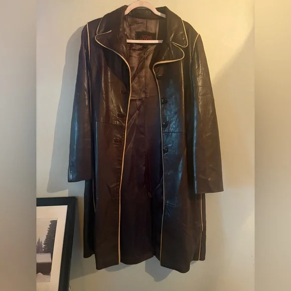 Vintage Elegant Brown Leather Trench Jacket Fall Boho 90s - Picture 1 of 6